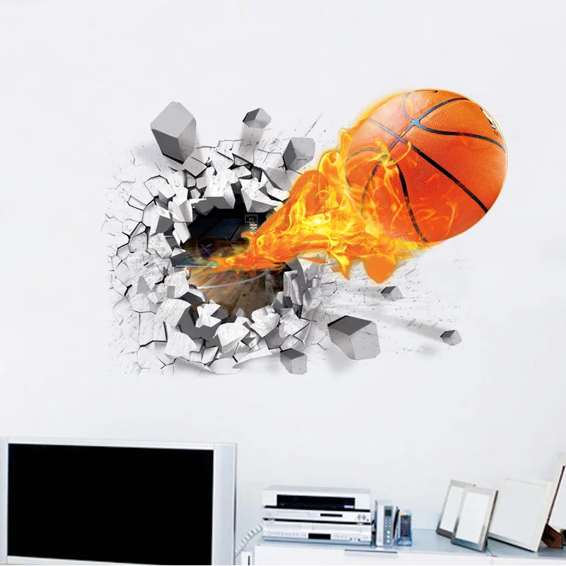 3D Realistas Roto de la Pared de Baloncesto etiquetas Engomadas de la Pared de Baloncesto de la Decoración de DIY Niños de la Historieta de la Pared de la Habitación Arte Mural Muchachos Favor 0