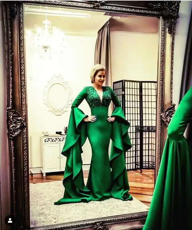 Arabia Saudita Verde Sirena Vestidos De Noche 2019 Llamarada Volantes De Mangas Largas De Encaje Con Cuentas De Largos Vestidos De Fiesta Vestido De Fiesta Elegante 0