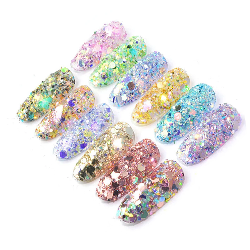 12 Cajas de Láser de Uñas Glitter Mixto Brilla 12 Estilos de Multi-color de la Uña del Polvo del Brillo de las Lentejuelas en Polvo Para el Arte del Clavo del Brillo PT59 0