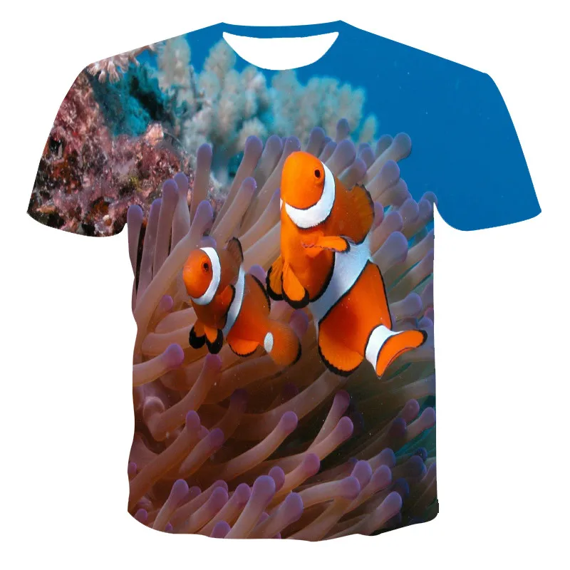 Nueva impresión en 3D de camiseta de los hombres peces del océano de leche de seda de manga corta de niño niña jersey de cuello redondo de manga corta 0