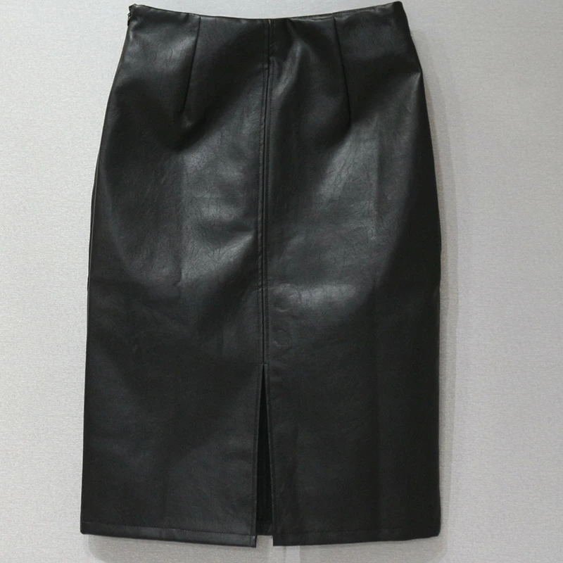 Nuevo Invierno OL Elegante Lápiz Midi Faldas de Cintura Alta Elástico Negro de Cuero de la PU de División de la Vaina de la Envoltura de Faldas de Mujer Sexy Falda de 2019 0