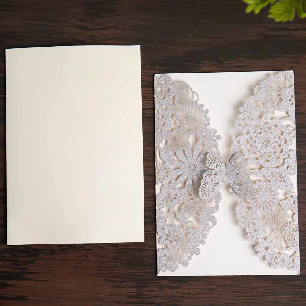Wishmade Brillo de las Invitaciones de la Boda de Plata de Corte Láser de Tarjetas con la Mariposa de Encaje de Flores Diseños para Cumpleaños, Baby Shower 100pcs 0
