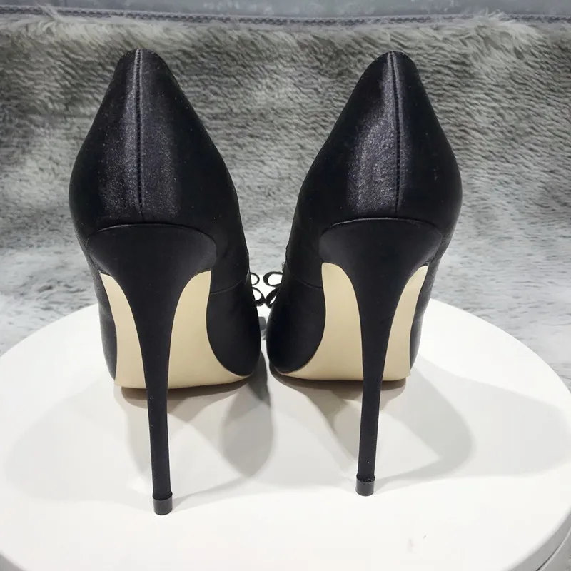 12cm de las bombas de la moda de nueva punta de tacón alto exquisita, elegante y único de tacón de zapatos de las señoras del partido club nocturno de seda negro BM023 ROVICIYA 0
