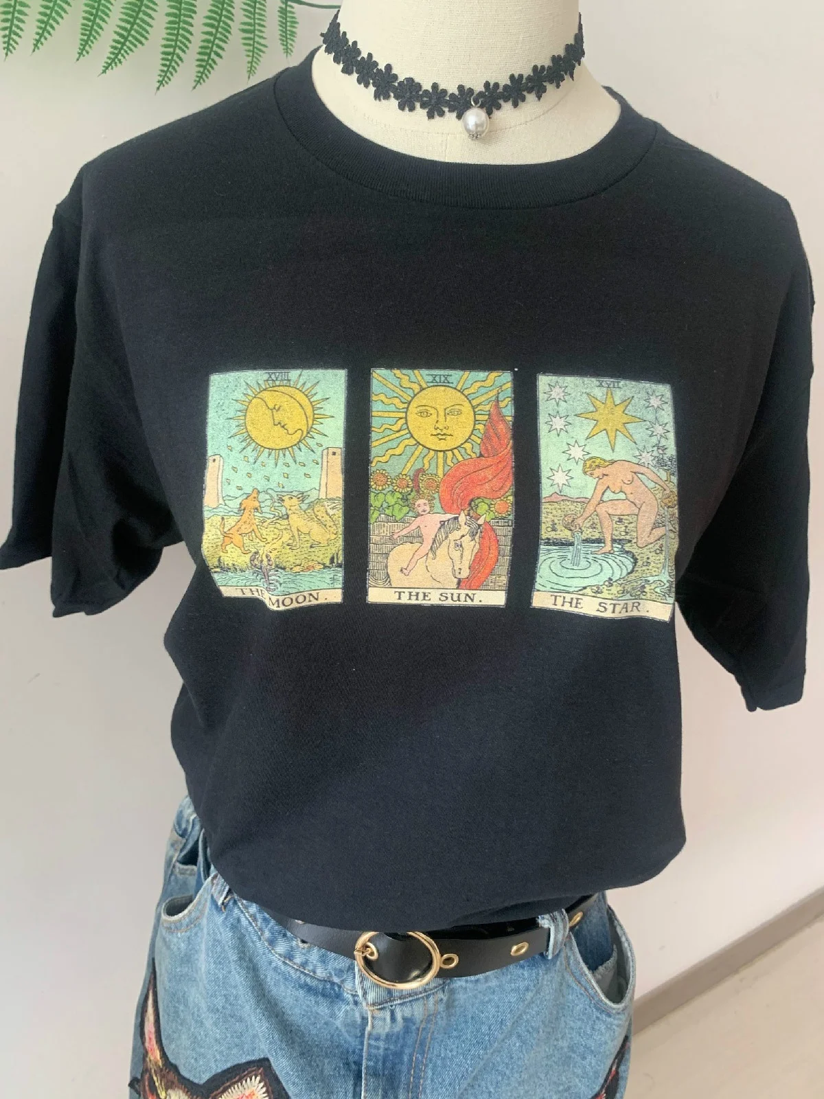 Kuakuayu HJN de Moda Vintage de Sol Luna Estrella Cartas del Tarot T-Shirt de la Mujer Linda Estética Casual Impreso Camiseta de los Hipsters de la Bruja de la Camisa 0