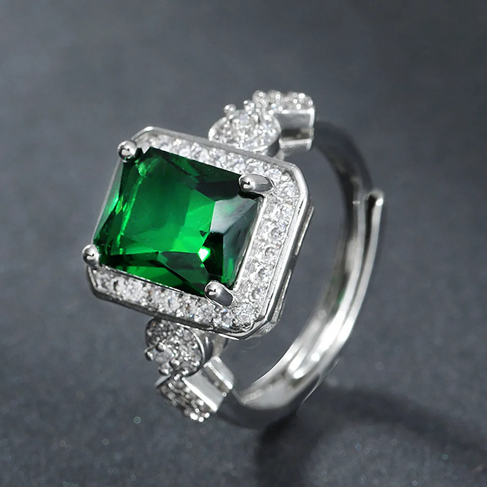 La plaza de la moda cristal verde esmeralda piedras preciosas anillos de diamantes para las mujeres de oro blanco de color plata de la joyería bague fiesta de la moda de regalo 0