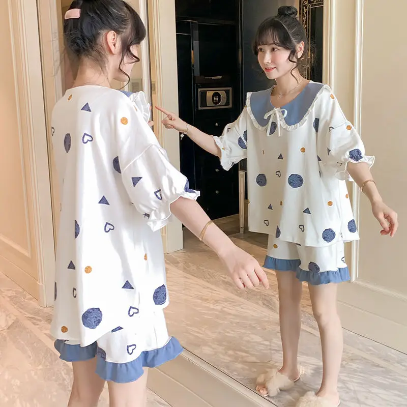 Pijamas de Mujeres 2020 Pijama Verano Mujer Linda Pijama para Mujer de Algodón de Impresión de Corazón ropa de dormir a Casa de Traje de Mujer de Verano Conjunto de Camisón 0
