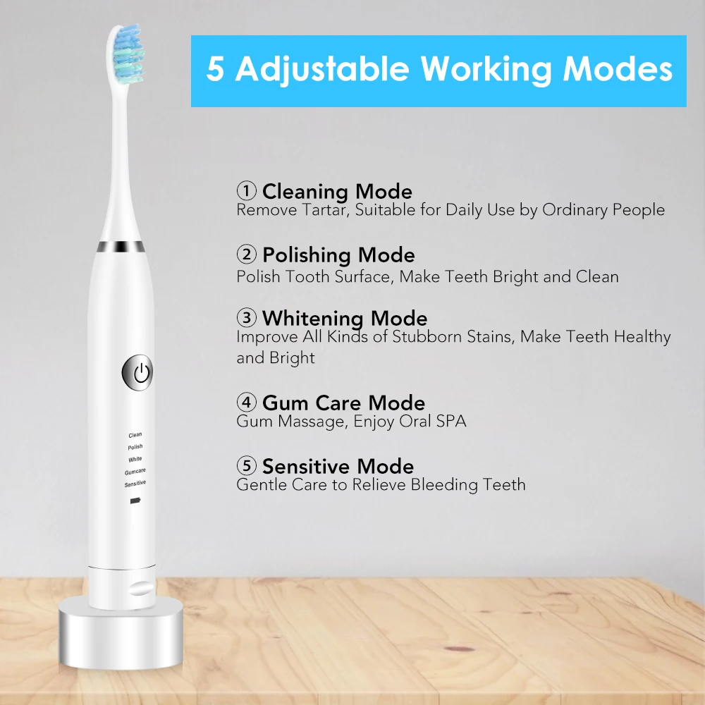 USB de Smart Eléctrico de Sonic Vibración Cepillo de dientes 5 Modos Impermeable Cepillo de Dientes para Blanquear los Dientes Oral Cuidado de la Familia, el Cuidado Dental 0