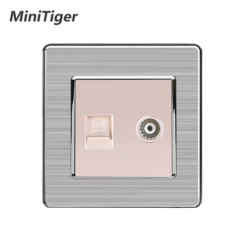 Minitiger 2Gang RJ45 de Datos de Internet de la Computadora Jack CAT5E Con Conector Hembra Toma de TV Acero Inoxidable Cepillado Panel de Enchufe de Pared 0