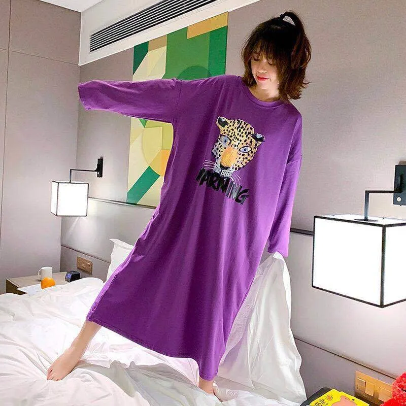 Rayas de las Mujeres de Moda de Verano Camisón de manga larga Casual Larga ropa de dormir de Algodón para Dormir Tee Camisón de impresión Nighdress Nuevo 0