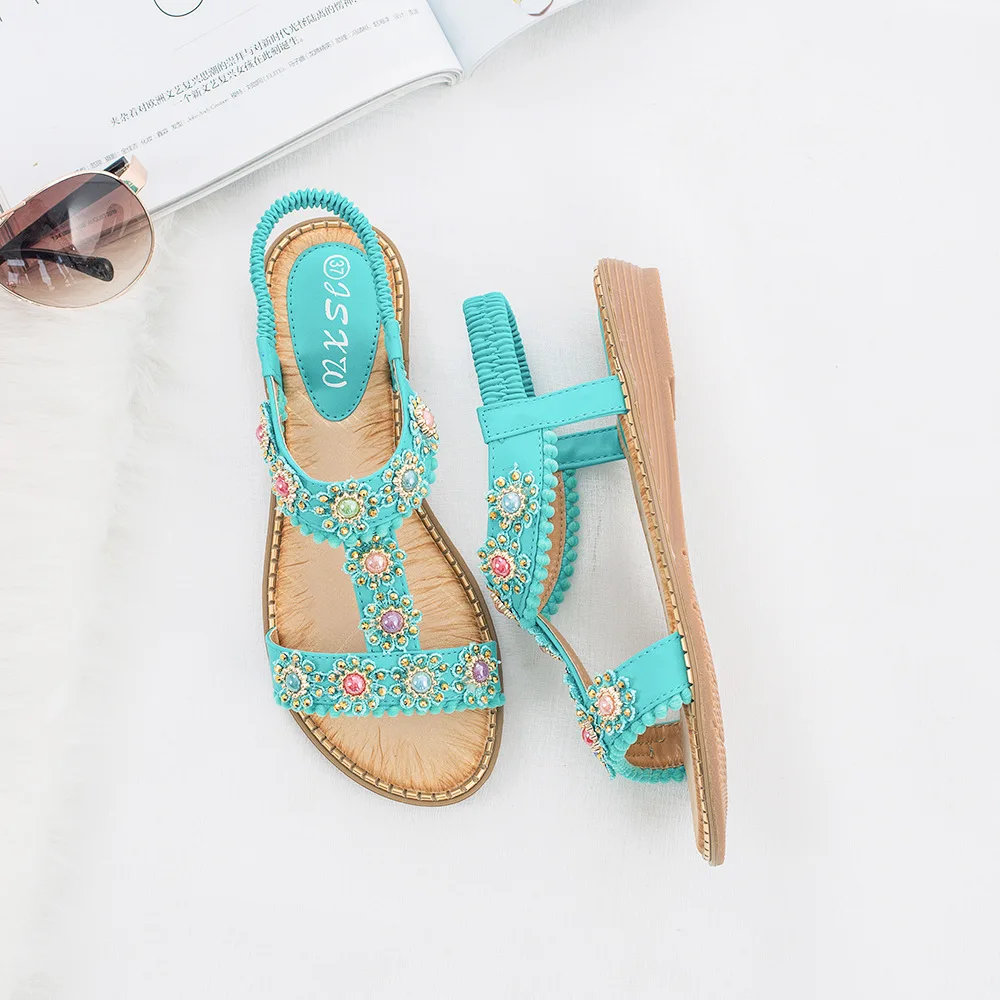 Gykaeo Bohemio Estilo Casual de las Mujeres Sandalias de 2020 la Moda Femenina Dedo del pie Redondo de Cristal de Fondo Plano Zapatos de Playa de las Mujeres Sandalias de Verano 0