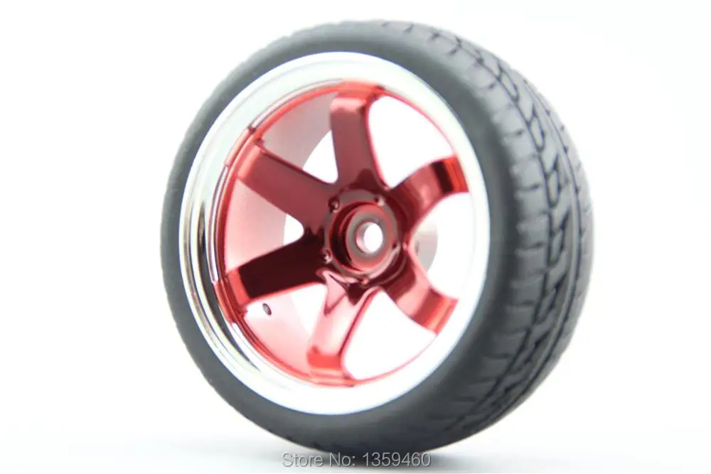 4pcs RC 1/10 de Goma Suave En Carretera Coche del Neumático del Neumático de la Llanta W6SCR 6mm Offset(Cromo+Pintura de color Rojo) 10016(6)+Llantas de Caucho 0