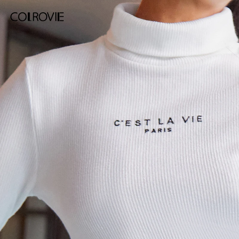 COLROVIE Blanco Enrollado de Cuello Alto Lema Bordado de la Camiseta de las Mujeres de Invierno de Manga Larga Casual T-camisas Slim Ajustado Tops 0