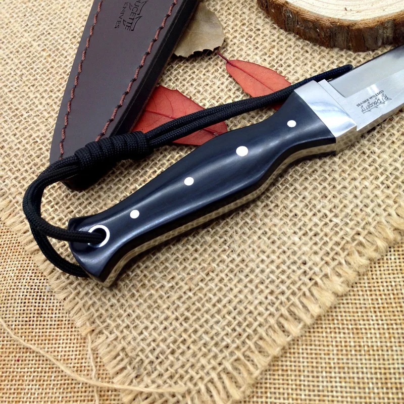 Hechos a mano de Camping cuchillo de caza inoxidable en Frío AUS+ fijo de acero hoja de los cuchillos de mango de Madera de Cuero de la vaina de supervivencia al aire libre de la EDC herramienta 0