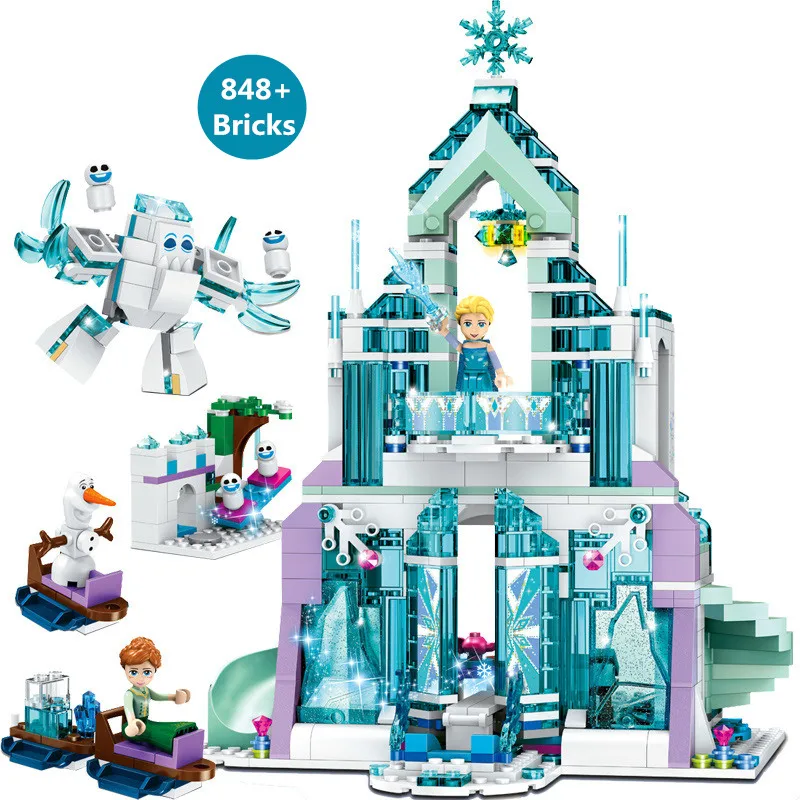 Disney Frozen 2 Castillo de Bloques de Construcción Elsa Anna Princesa Mágico Castillo de Hielo Ladrillos Conjunto de Juguetes para los Niños del Bloque de Juguetes de Regalo 0