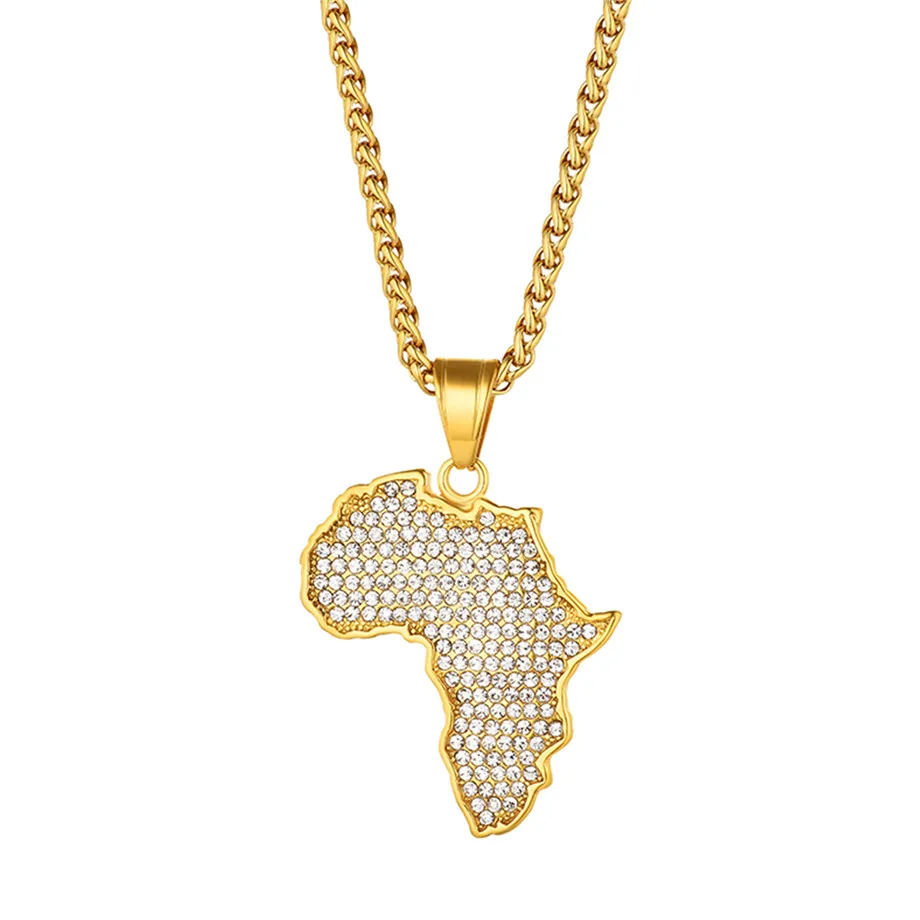 África Mapa Colgante de Collar de las Mujeres de los Hombres de Oro de Color de Acero Inoxidable de Etiopía al por mayor de Joyas de África Mapas de Hiphop Elemento N1279 0