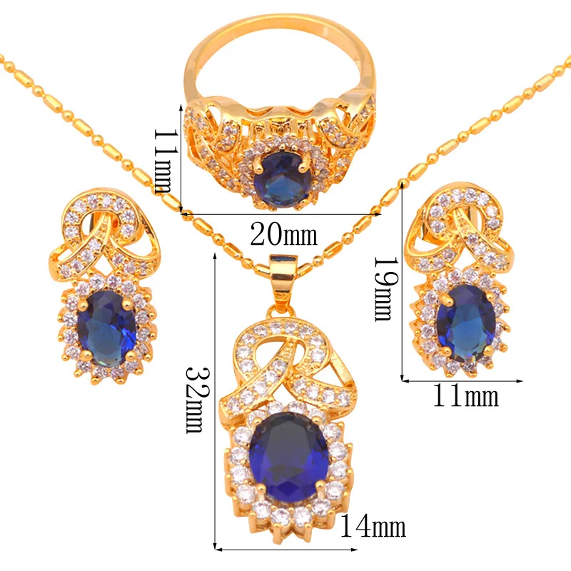 Delicado Tono Oro Pendiente del Collar de la Joyería Anillo de Establecer Zircon Austriaco de Cristal Azul Anillo Sz #8 #7 #9 JS431 0