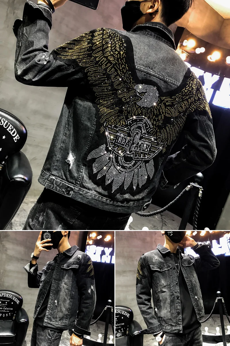 La ropa de calle agujero chaqueta de mezclilla de moda águila parche bordado chaqueta de mezclilla de la marca capa de punk lentejuelas slim negro chaqueta de mezclilla 0