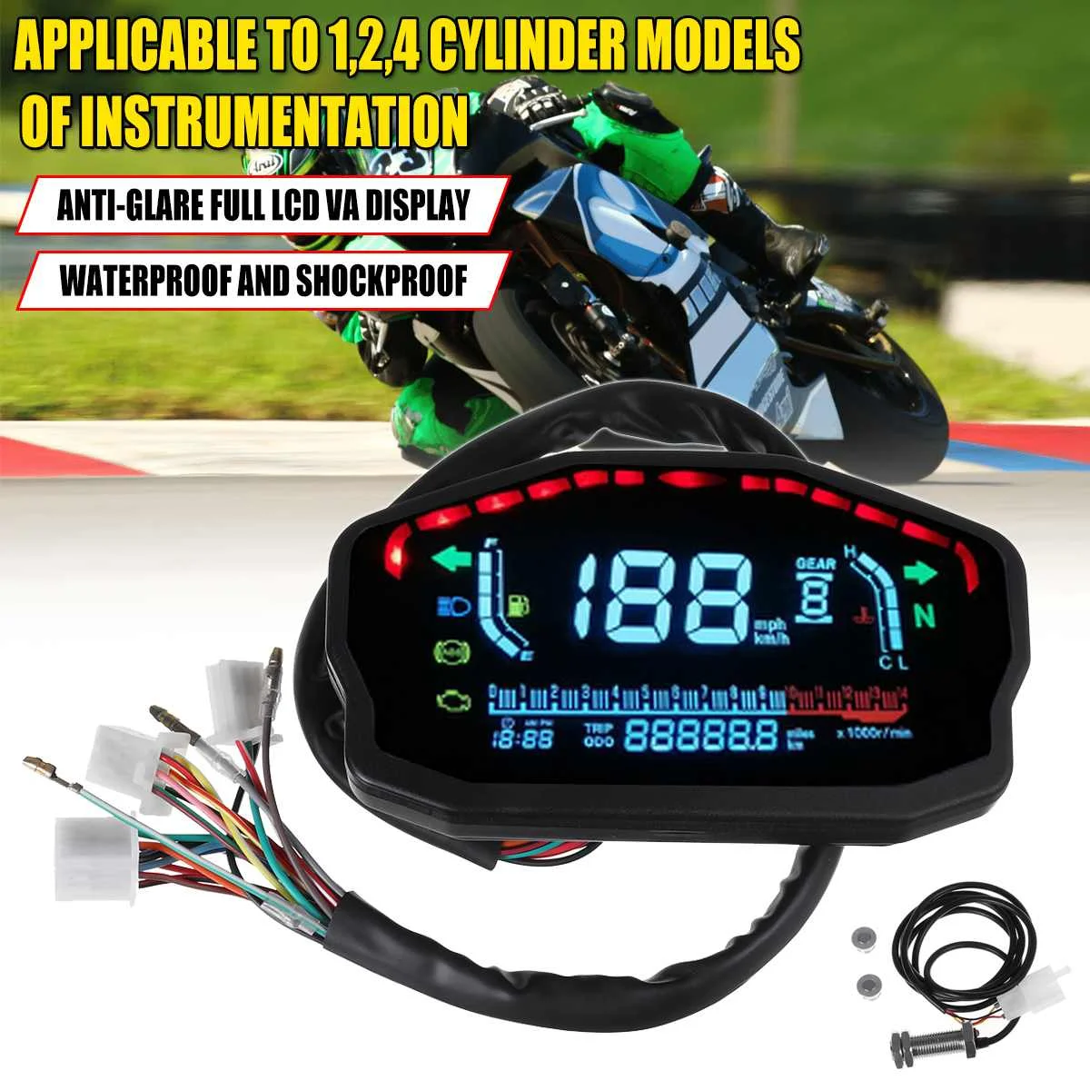 Universal de la Motocicleta LED LCD Velocímetro Digital con luz de fondo Impermeable Odómetro, Tacómetro Para 1,2,4 Cilindros del Motor Electrónica 0