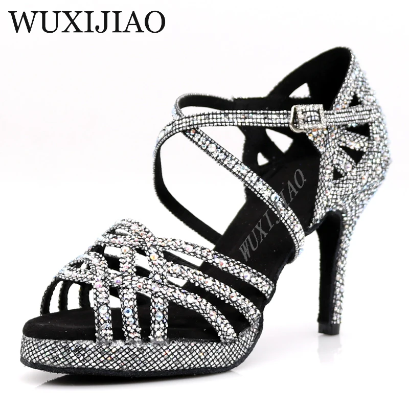 WUXIJIAO Nueva medalla de Plata negro de baile latino zapatos de las señoras de la salsa de diamante de imitación zapatos de baile de damas de baile de salón zapatos de tacón de 5 cm-10 cm 0