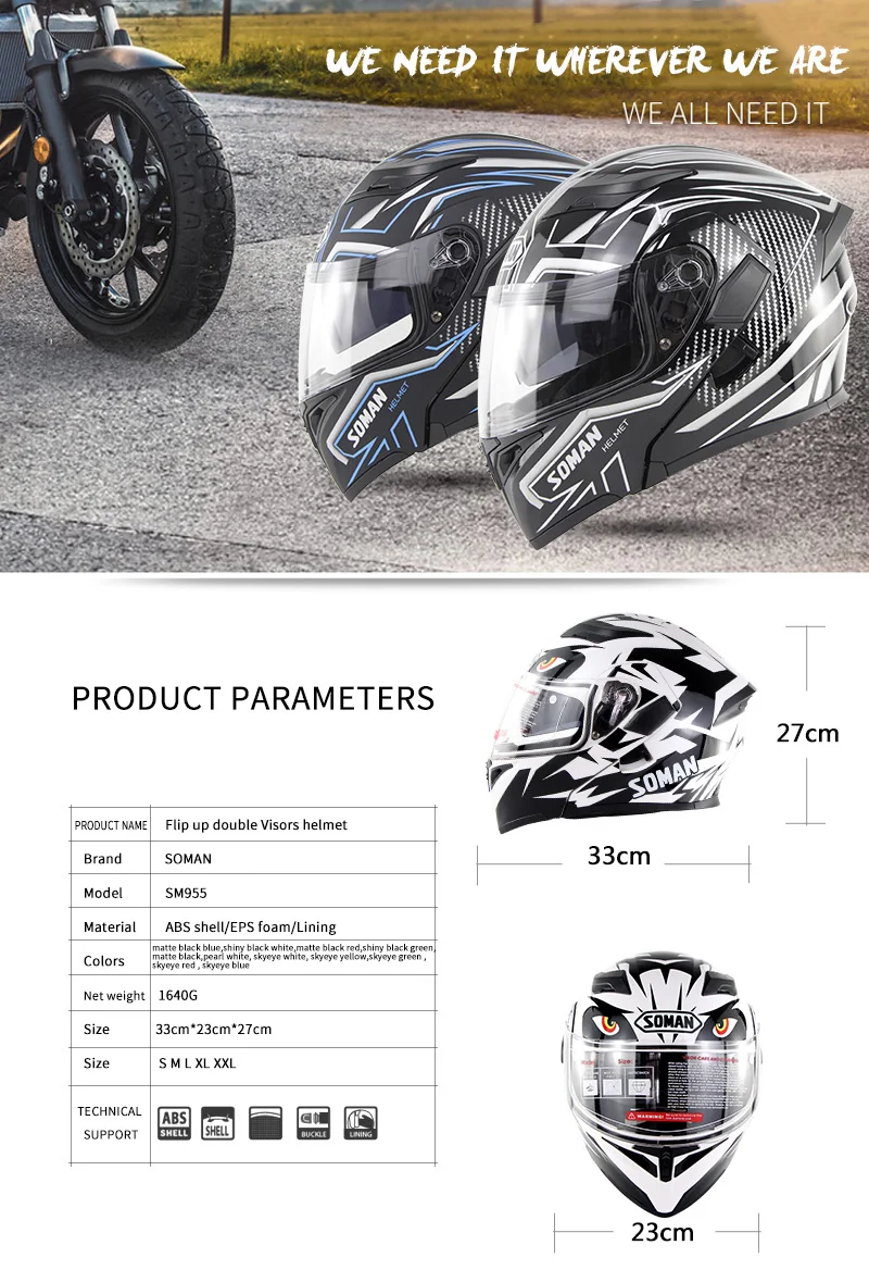 Soman SM955 Dot aprobado Ventilar Motocicleta plegable Doble Visera de Casco de cara Completa Skyeye diseño con M1 Auricular Bluetooth 0