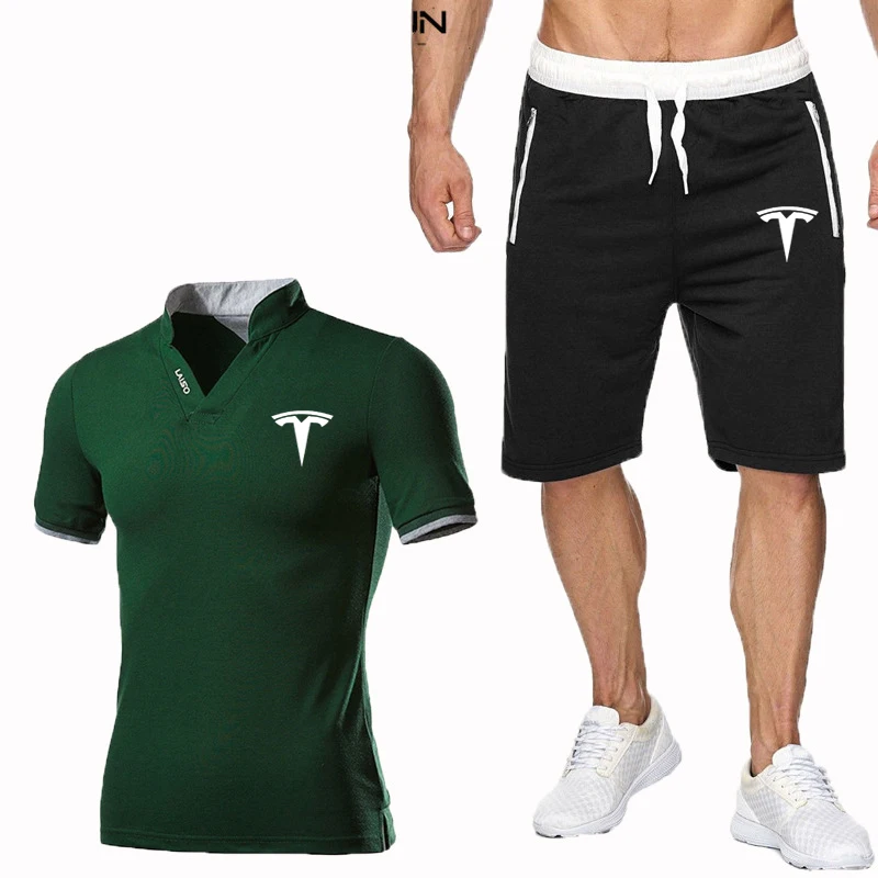 2020 Tesla Logo de Polo, camiseta + pantalones Cortos de Algodón Carta de Impresión de la Moda de Cuello Redondo de Manga Corta T-Shirt Conjunto 0