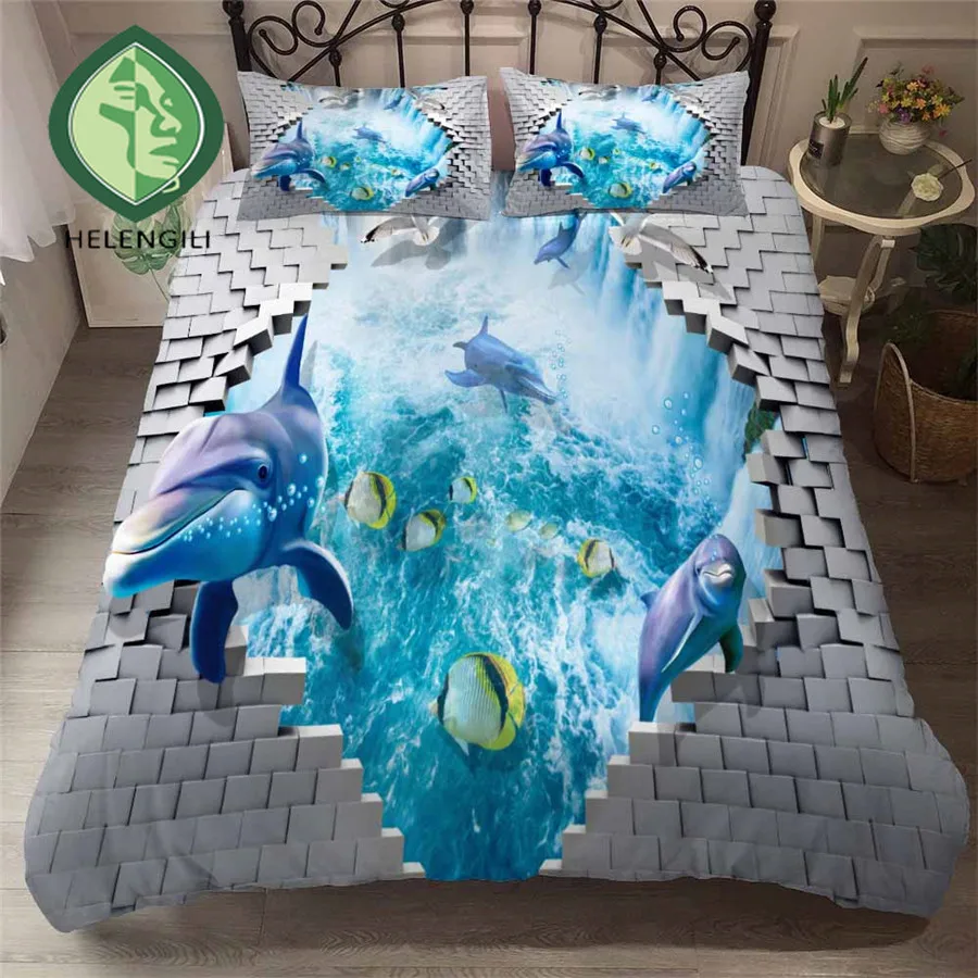HELENGILI 3D juego de Cama de los Delfines de Impresión Cubierta de Edredón Conjunto de Ropa de cama con funda de Almohada de Cama Conjunto de Textiles para el Hogar #TA-154 0