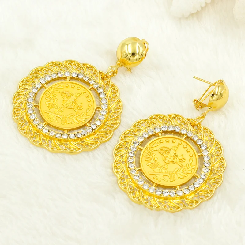 De alta Calidad de Oro de Dubai Conjuntos de Joyas para las Mujeres de la Vendimia de la Boda de la Moneda de Oro Grandes Aretes Collar de Cristal De 24 de Oro de la Joyería Nupcial 0