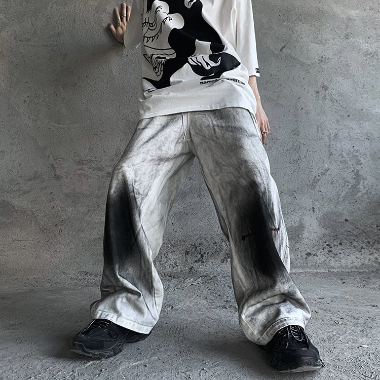 Los Hombres De La Vendimia De Graffiti Impreso Del Dril De Algodón Pantalones De Cintura Elástica Suelto Recta Pantalones Vaqueros De Los Pantalones De Hip Hop Ropa Casual Corredores De Jean Pantalones 0