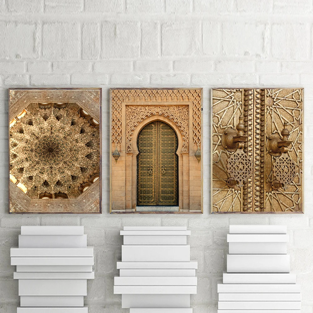 Marruecos Puerta De Arte De La Pared De La Lona De Pintura De Oro De La Arquitectura Nórdica Cartel De Imágenes De La Pared Para La Sala De Estar Decorativos Sin Enmarcar 0