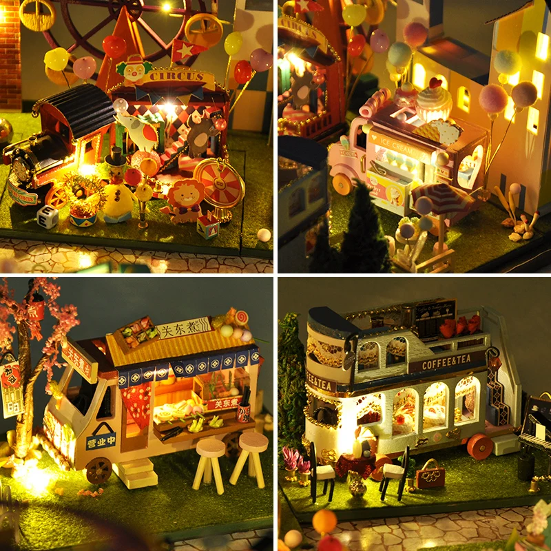 Nuevo DIY Mini Coche de la Tienda de Muñecas Mercado de la Noche de la Flor de Kanto Kit Montado en Miniatura, con Muebles de Casa de Muñecas, Juguetes para los Niños de las Niñas 0