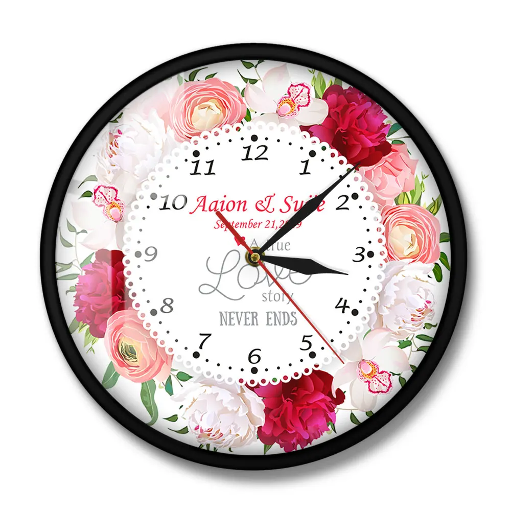 Una Verdadera Historia De Amor Nunca Termina Nombre Personalizado Casado Fecha Moderno Reloj De Pared Aniversario Floral De La Pared Reloj Personalizado Del Regalo De Boda 0