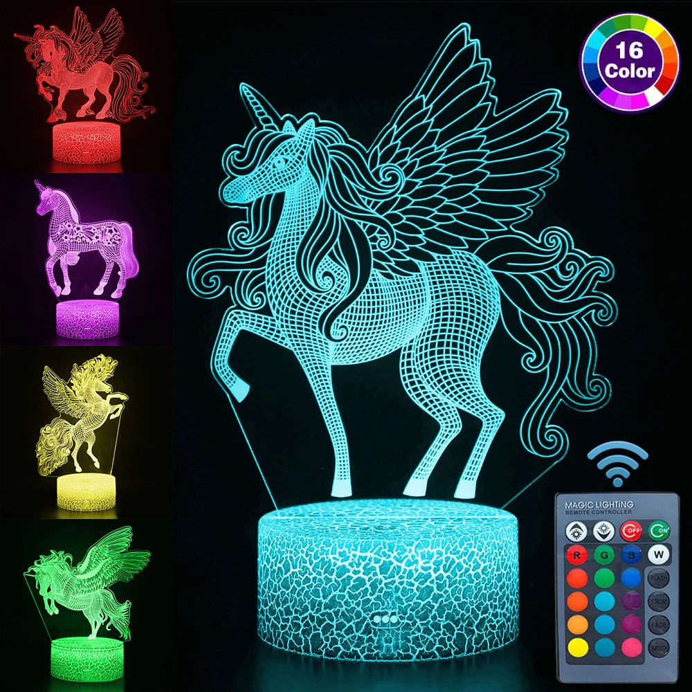 Alimentado por USB Remoto y Control Táctil 3D LED Luz de la Noche Unicornio de la serie 16 Cambio de Color de la Tabla de LED Lámpara de Escritorio de los Niños Dormitorio Decoración 0