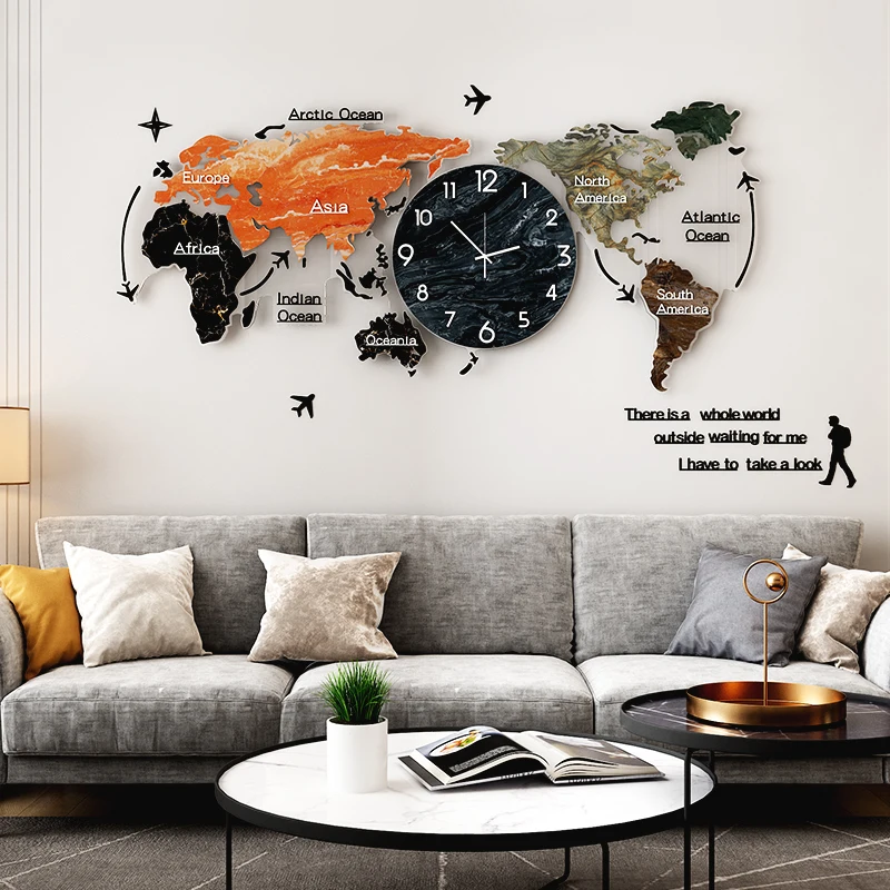 Color Paiting Acrílico Gran Reloj De Pared Creativos Mapa Del Mundo Colgante De Pared Reloj De Silencio De La Pared Del Reloj Para Vivir En Casa De Decoración De La Habitación 0
