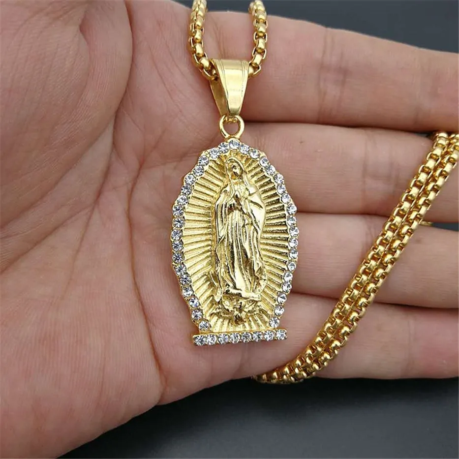 Hip Hop Helado Fuera Bling Virgen María Collares Colgantes de Oro de Color de Acero Inoxidable 316L de la Madonna de Collar de la Mujer Cristiana de la Joyería 0