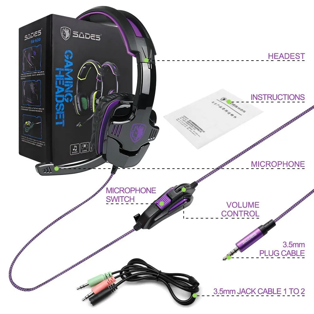 VERDOSOS SA-930 Profesional PS4 Auricular de 3.5 mm Auriculares Gaming con 1 a 2 Cables para Ordenador y Teléfonos Móviles 0