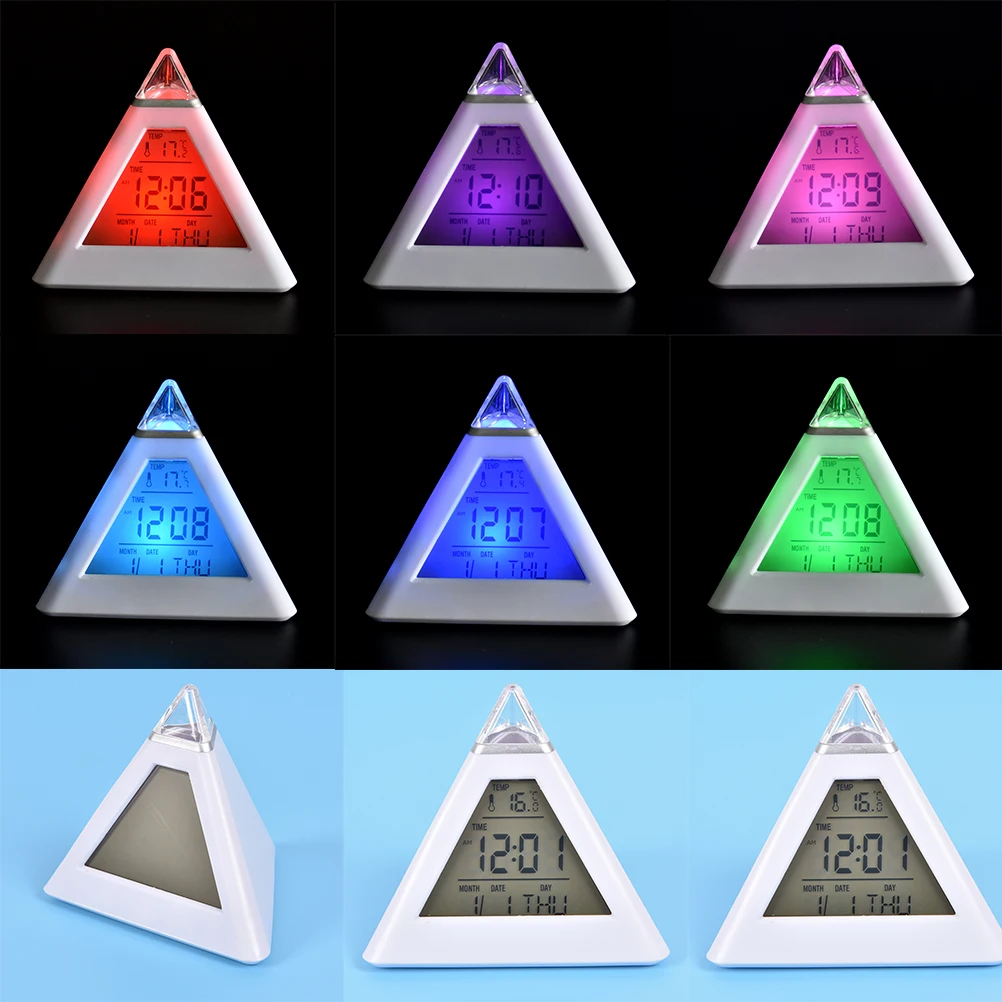 7 LED de Inicio del Escritorio de la Oficina de la Pirámide Digital del Color de la Retroiluminación siempre cambiante de la Tabla de Reloj de Alarma de Temperatura del Termómetro Calendario de la Fecha y Hora 0