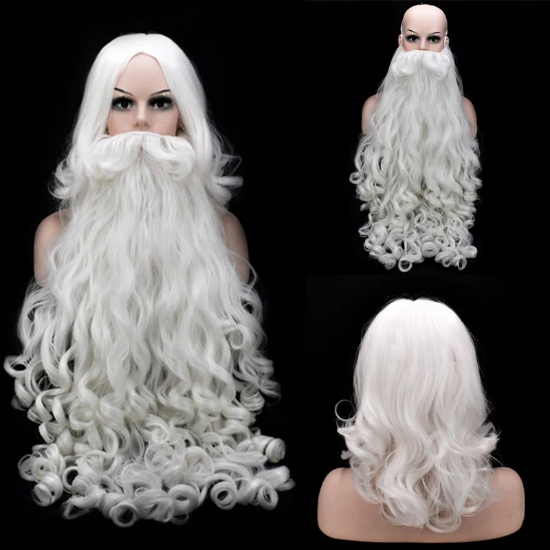 80 cm de Largo Navidad Disfraces Pelucas de Santa Claus Peluca y la Barba de 60cm de Pelo Sintético SantaClaus Cosplay Pelucas + Casquillo de la Peluca 0