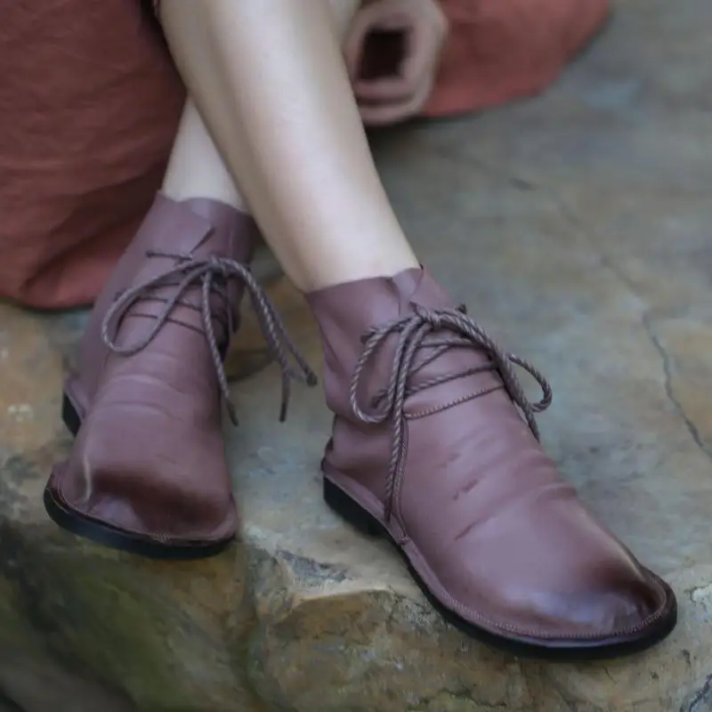 Johnature Botas de Invierno de las Mujeres Zapatos de Cuero Genuino de 2020 Nuevos cordones Planos Con el Dedo del pie Redondo hecho a Mano Concisa Plataforma de Botas de Tobillo 0