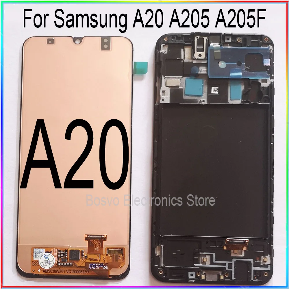 Para Samsung A20 LCD, pantalla táctil con marco de montaje reparación de piezas de Reemplazo A205 A205F SM-A205F A205FN 0