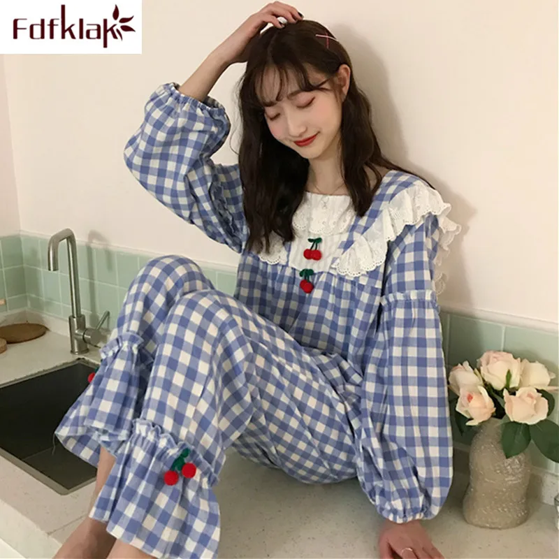 Fdfklak coreana de las nuevas mujeres del conjunto de pijama de manga larga a cuadros ropa de hogar ropa de damas dormir pijama dulce de algodón de la muchacha conjuntos de pijamas 0