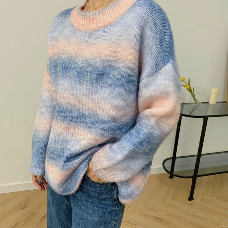 Otoño 2021 Nuevo de las Mujeres de Cuello Redondo de Punto de Jersey de Color Tie-dye de Impresión de la Moda de Gran Tamaño de Manga Larga Suéter 0