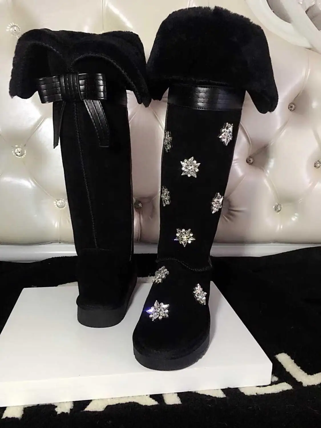 2019 Rodilla alargado de Ultra alta tubo Artesanal de diamantes de imitación de piel de Uno de Cuero antideslizante botas de Mujer botas de Mayor 0