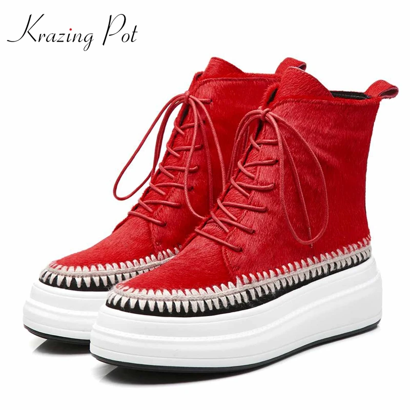 Krazing Bote de crin de coser patrones puntera redonda mantener caliente botas de estilo de botines de plataforma plana de ocio Chelsea botas de tobillo L81 0
