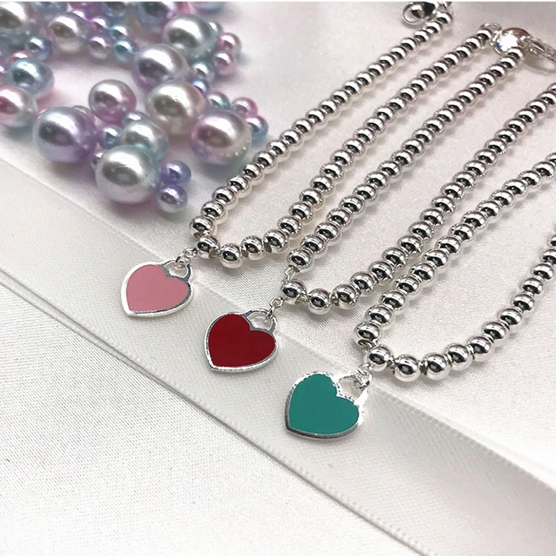 Colorido Corazón de 4mm de Pulseras de perlas Pulseras para las Mujeres, las Niñas de REGALO de Lujo de la Marca de 1:1 S925 Plata Esterlina de las Mujeres de Regalo de la Joyería 0