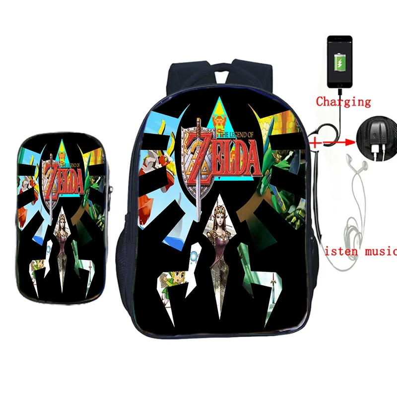 La Leyenda de Zelda de Carga USB 2Pcs/Juegos Portátil Mochila de la Escuela para los Adolescentes Varones de la Moda de Viaje, Mochila con la caja de Lápiz 0