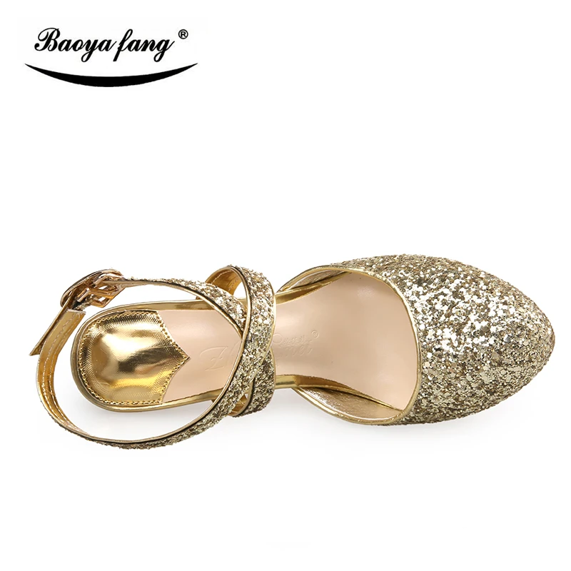 BaoYaFang Marca Blingbacks Bling Womens 12cm de tacón alto de la plataforma de los zapatos de mujer de moda de tacón grueso de la Bomba de oro/plata/rojo damas de zapatos 0