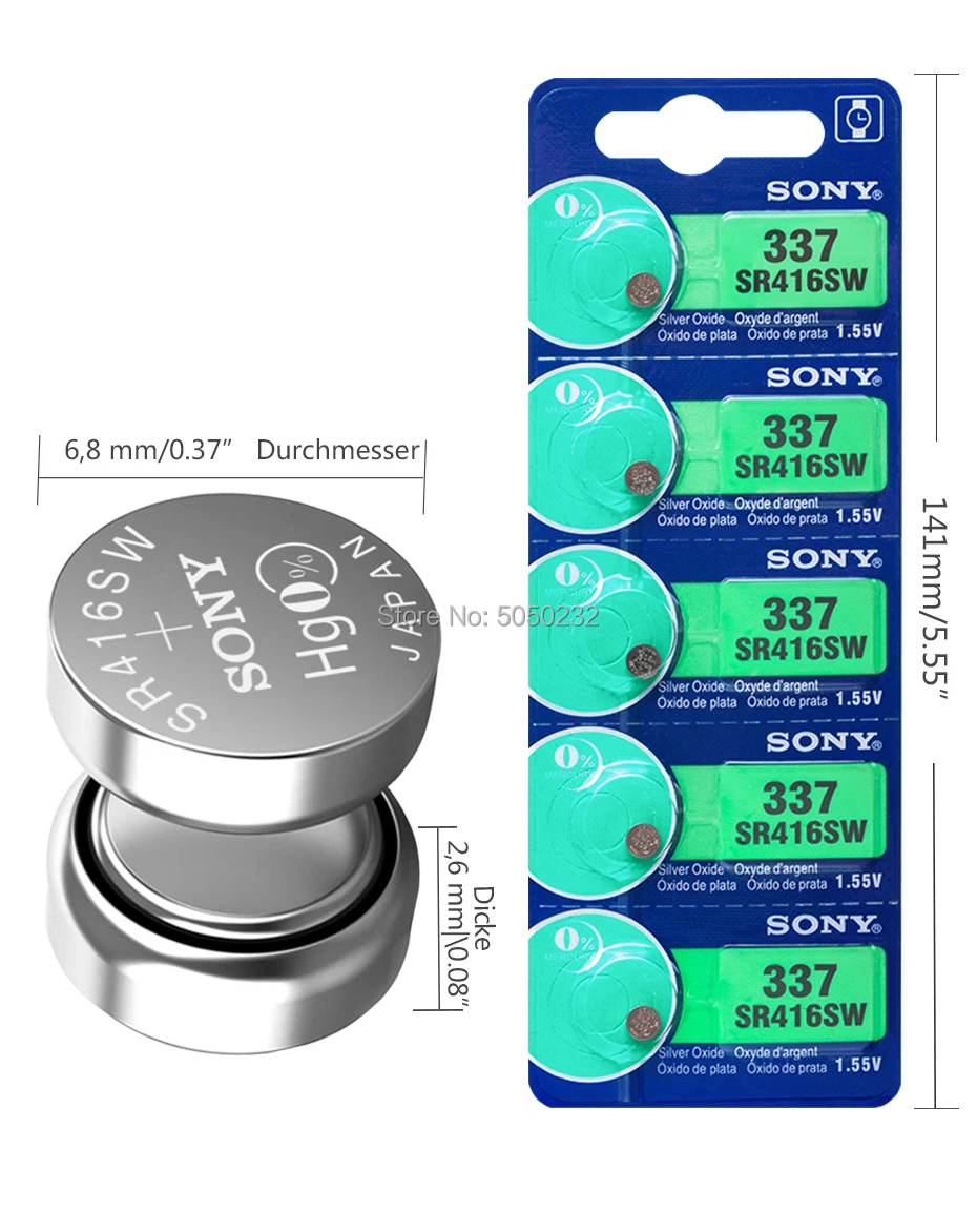 100pcs/lote de Sony 100 Original 1.55 V 337 SR416SW de Plata Óxido de la Batería de un Reloj 337 SR416SW Botón de Celda de Moneda de HECHO EN JAPÓN 0%Hg 0
