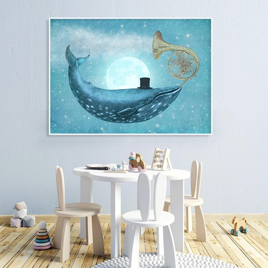 Azul de Cielo Estrellado, la Luna Delfín Cuerno de Ensueño, Pintura en tela, Vivero de Arte de la Pared Imprime el Cartel de la Foto de los Niños del dormitorio de la Decoración casera 1