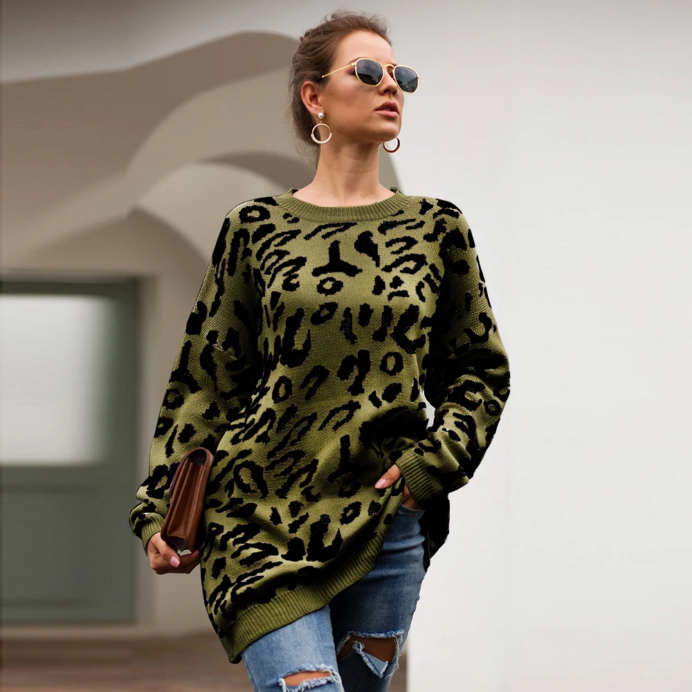 Adogirl patrón de leopardo o de cuello suelto mujeres suéteres de punto otoño grueso suéter largo mujer invierno 2019 80-100 cm suéter de lana 1