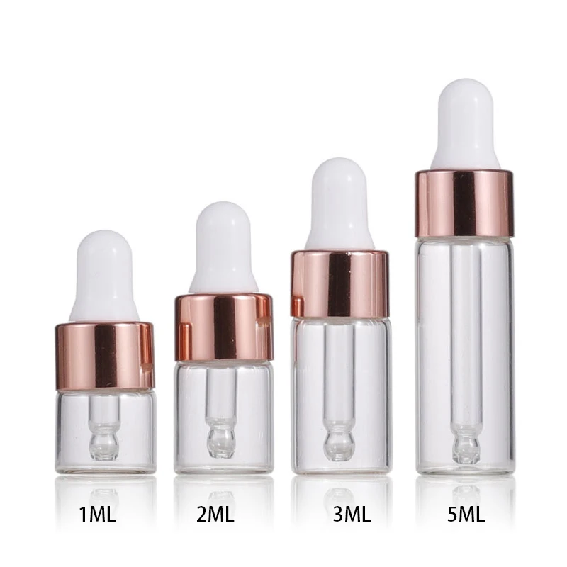50Pcs 1/2/3/5 ML de Vidrio Transparente Aceite Esencial de Aromaterapia Gotero Botellas de Oro Rosa de la Tapa de Reactivos Caída de Ojos Líquido de la Pipeta de la Botella 1
